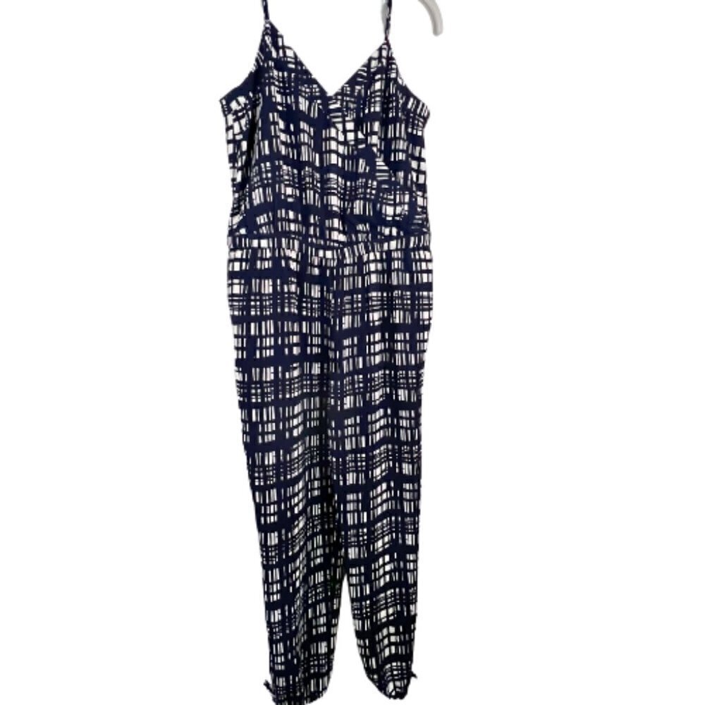 MADEWELL Navy & White Brushstroke Plaid Faux Wrap Cami Jumpsuit Size M - Picture 5 of 12
